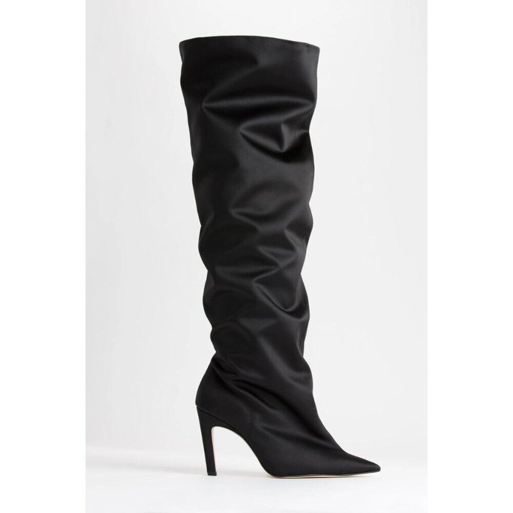 Good American Black Satin Over the Knee Slouchy Stiletto Boots Sz 5.5 Pointy Toe
